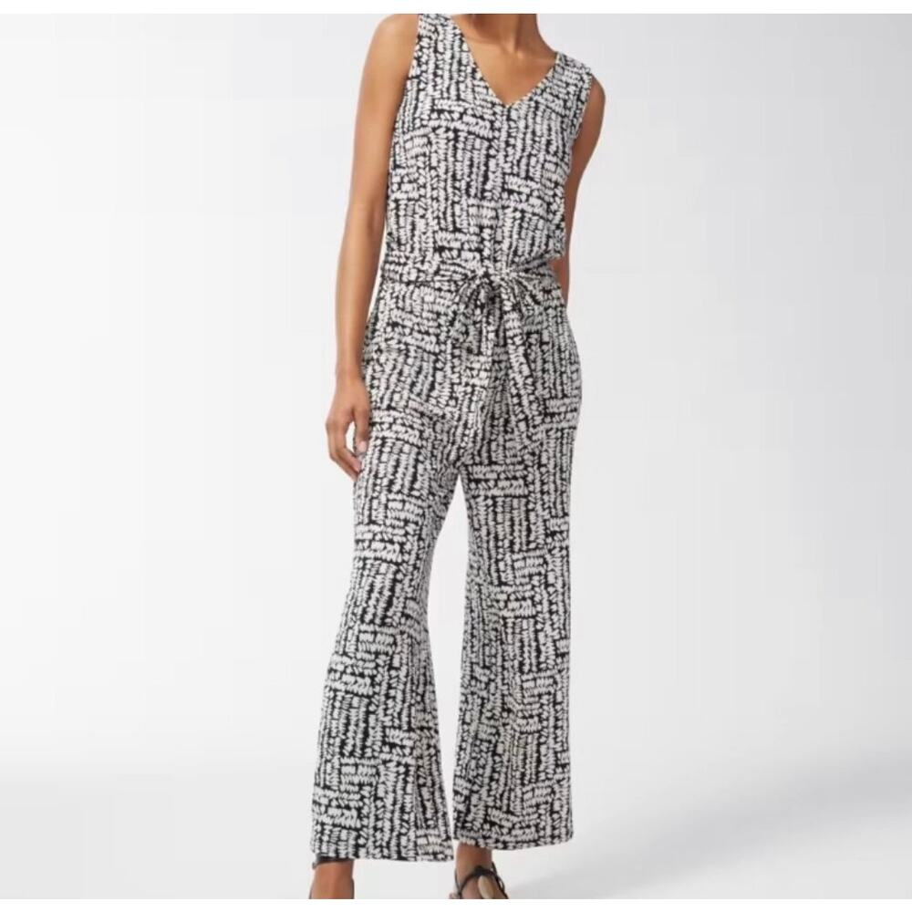 Chico’s Travelers Black White Tie Waist Wide Crop Leg Sleeveless Jumpsuit XL P